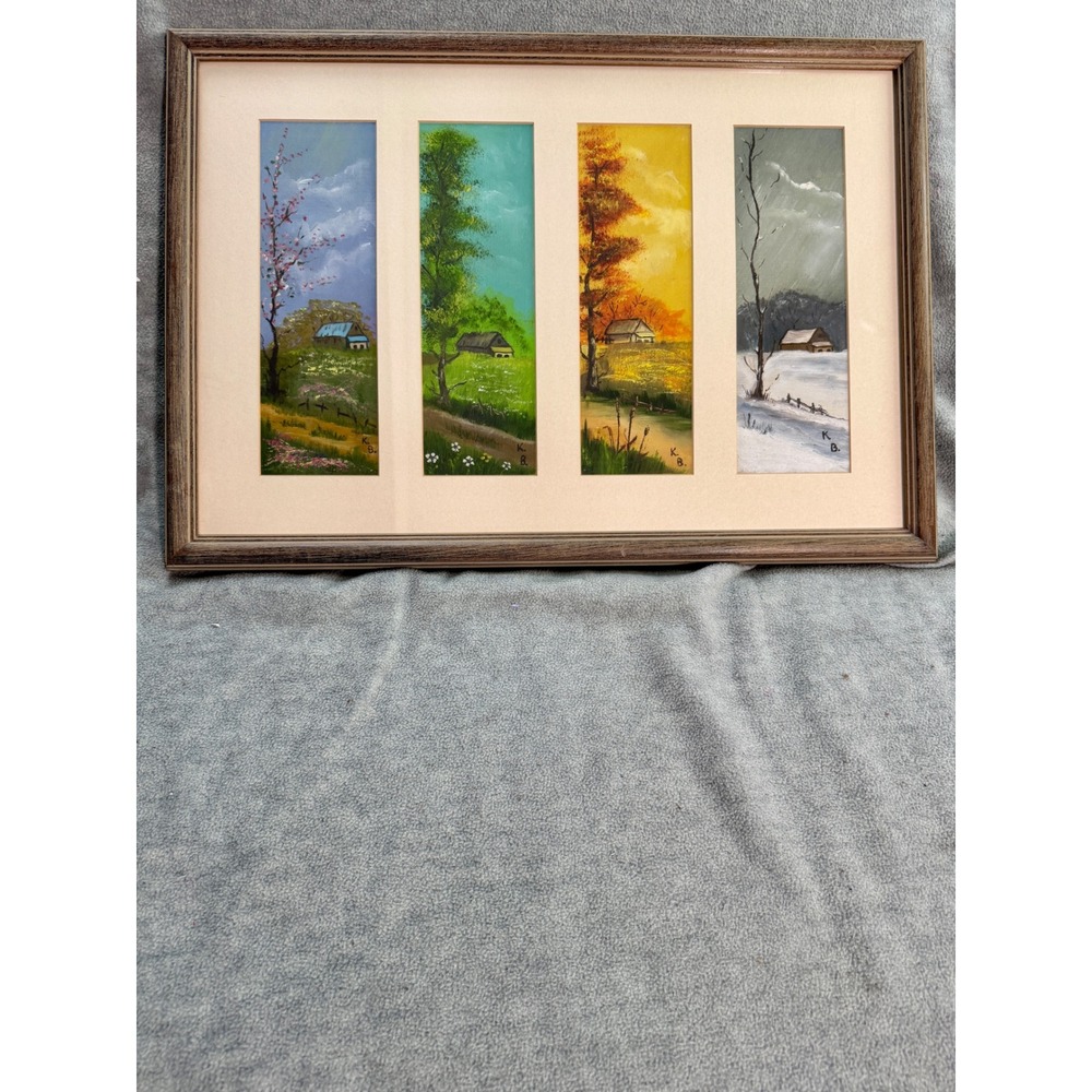 Four Seasons Landscape Oil Painting Signed KB Framed Quadtych Wall Art 24x16